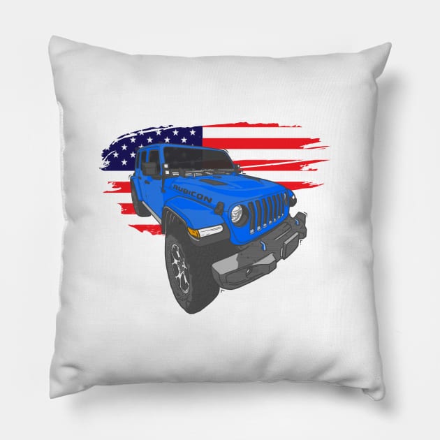 Jeep Wrangler with American Flag - Blue Pillow by 4x4 Sketch