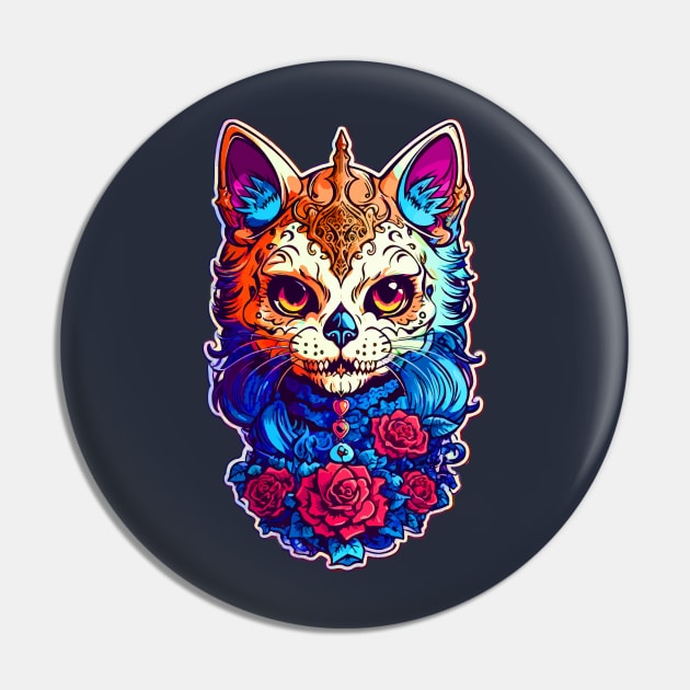 Cat Sugar Skull Halloween Pin by CatCoconut-Art