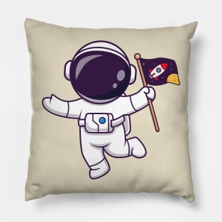 Cute Astronaut Floating With Space Flag Cartoon Pillow