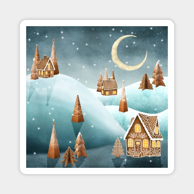 Gingerbread houses and trees on snow landscape. Winter candy world watercolor illustration. Sweets world fantasy decorations Magnet by likapix