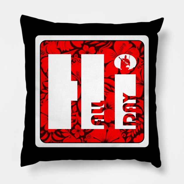 HI ALL DAY Rising Sun King Kamehameha Floral (red) by Hawaii Nei All Day Pillow by hawaiineiallday