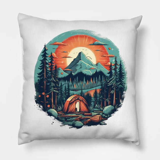 Camping Scene #2 Pillow by Chromatic Fusion Studio