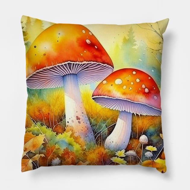 Watercolor Mashroom with Autumn Leaves Pillow by Odetee