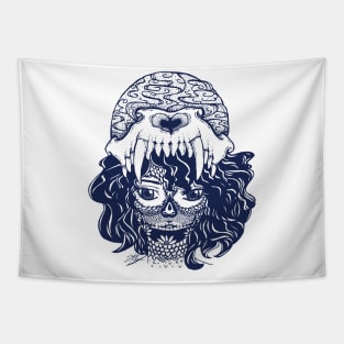 Girl and Wolf Skull Tapestry