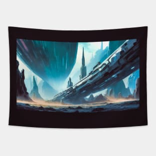 Futuristic illustration of spaceship in blue colours Tapestry