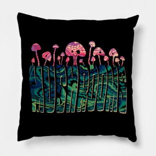 Mushrooms in a trippy, hippy type design Pillow