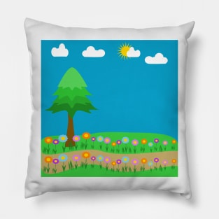 A meadow of flowers with a pine tree and sky and clouds Pillow