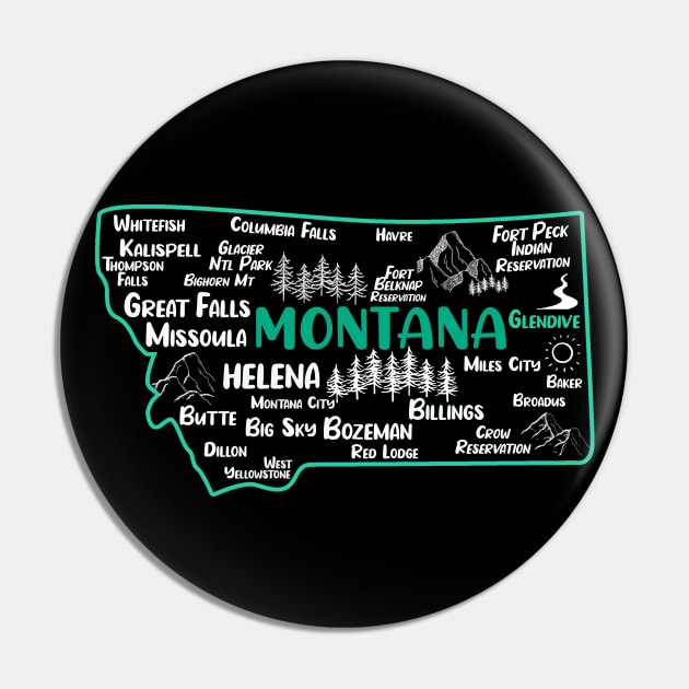 Cute map of Glendive Montana, Helena, Missoula, Great Falls, Bozemian, Billings, Kalispell, Big Sky Pin by BoogieCreates