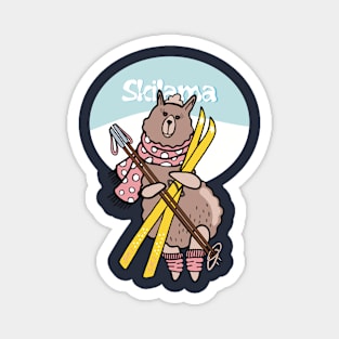 Lama in winter with skis Magnet