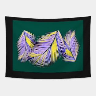 Blue, yellow, white palms on green background Tapestry