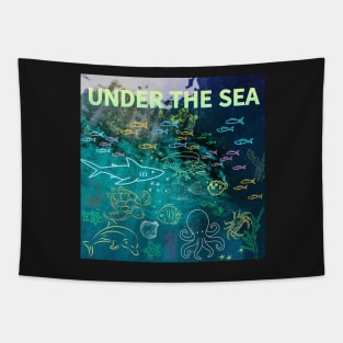 under the sea,blue sea,sea creatures,Turtle, puffer fish, starfish, shrimp, shark, tropical fish, sea horse, seaweed, sardines, squid, crabs, clams Tapestry