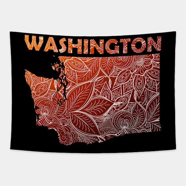 Colorful mandala art map of Washington with text in brown and orange Tapestry by Happy Citizen