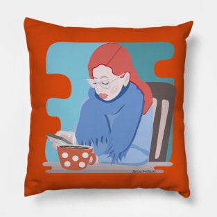 Redhead girl with a cell phone and cappuccino Pillow