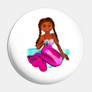 Anime mermaid holding a rare black pearl, brown eyes, Afro hair in two cane rows  and caramel brown skin - light background Pin