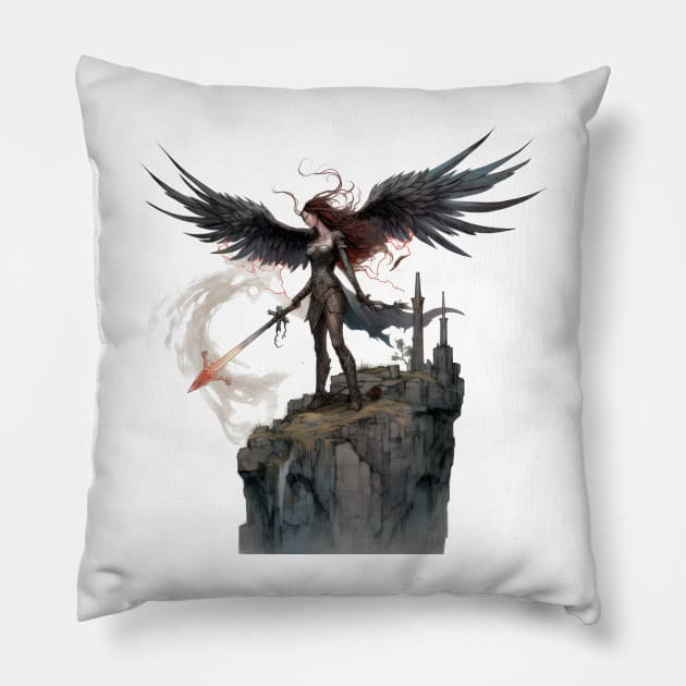 Wings of Destiny: Majestic Dark Angel of Fire Pillow by MerlinArt