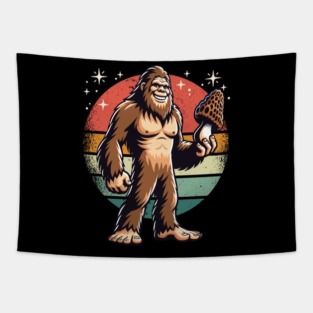 Bigfoot Morel Mushroom Hunter - Sasquatch and Shrooms Tapestry by Graphic Duster