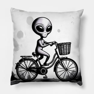 Alien on a Bicycle in the moonlight Pillow