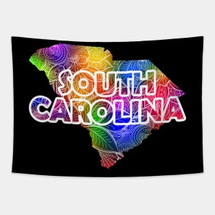 Colorful mandala art map of South Carolina with text in multicolor pattern Tapestry