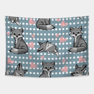 Cute Kawaii Wolves and Wolf Hearts Tapestry