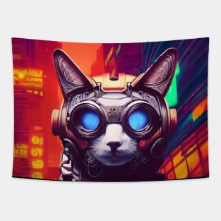 Techno Cat In Japan Neon City Tapestry