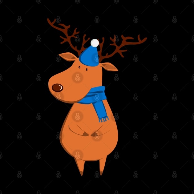 Funny Christmas Reindeer in Blue Hat & Scarf by Ai Wanderer