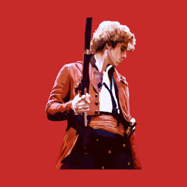 Painting of Enjolras standing with a gun by byebyesally