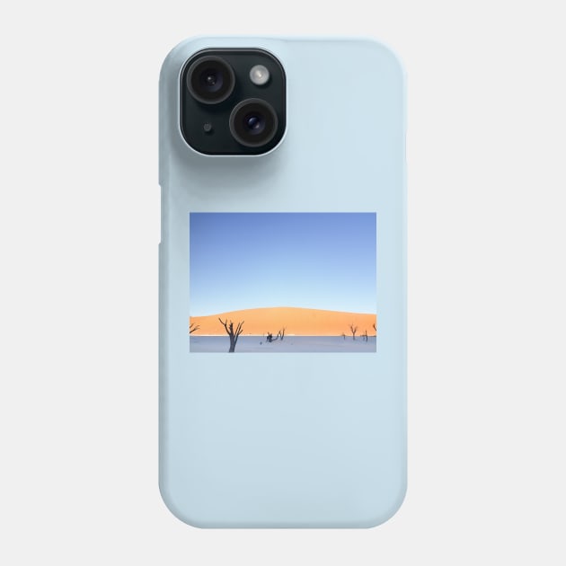Sossusvlei dunes  landscape at Dead Vlei old trees, orange dunes dead tree and tourist in silhouette on salt pan Phone Case by brians101