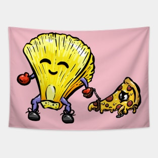 Pineapple taking a pizza slice for a walk cartoon Tapestry