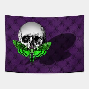 Acid Green Skull Moth on Purple Spider Pattern - Goth Fashion - Halloween Tapestry