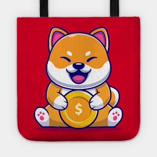 Cute Shiba Inu Dog With Gold Coin Cartoon Tote