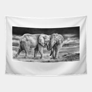 The Meeting - Realistic African elephant pencil drawing Tapestry