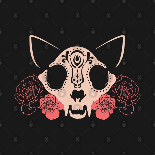 Cat Skull and Flowers by thehousekat