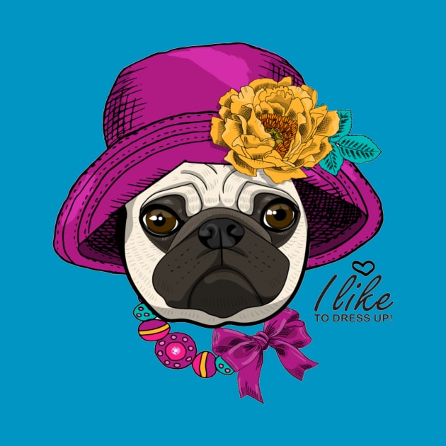 Vector dog with hat, yellow flower and nacklace. Hand drawn illustration of dressed pug by amramna