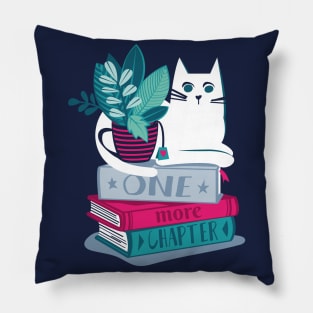 One more chapter // spot // navy background white cat striped mug with plants pink teal and blue books with quote Pillow