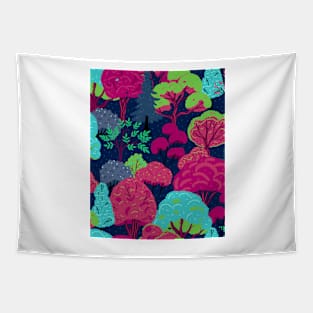 Magical forest, autumn print in fuchsia and electric light blue Tapestry