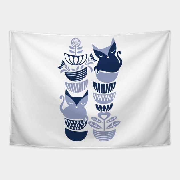 Swedish folk cats III // pale and navy blue kitties and bowls Tapestry by SelmaCardoso