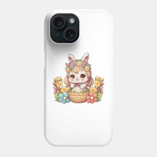 Anime Easter Bunny Girl In Basket. Spring Rainbow Flowers and Easter Eggs Phone Case