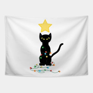 Black Santa Cat Tangled Up In Lights Christmas Santa Illustration Tapestry