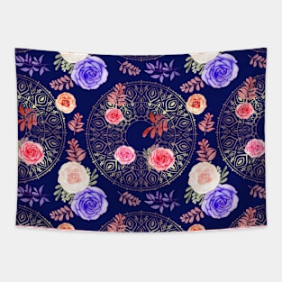 Spring Mandalas and Roses Midnight Blue Tapestry