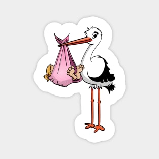 The stork who delivers the baby girl. Vector gender illustration. Magnet