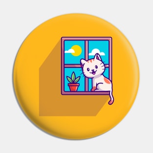 Cute Cat Sitting On Window Cartoon Pin