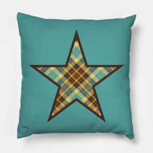 Brown star filled with yellow, brown and blue plaid Pillow