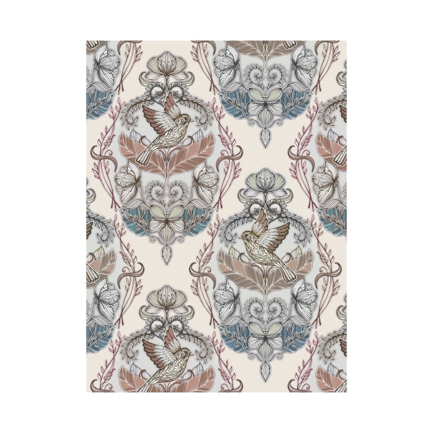 Woodland Birds - hand drawn vintage illustration pattern in neutral colors by micklyn