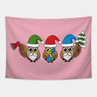 Three Funny Christmas Gnome Owls Tapestry