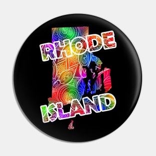 Colorful mandala art map of Rhode Island with text in multicolor pattern Pin