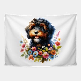 Barbet Puppy And Flowers Tapestry