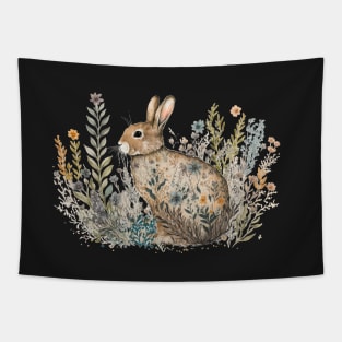 Floral Garden Botanical Print with wild flowers Easter Bunny Rabbit Tapestry