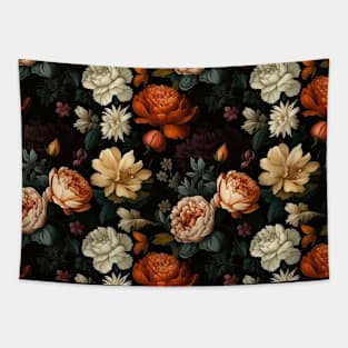 Dutch Nocturne: Luminous Floral Pastoral on Black Canvas Tapestry