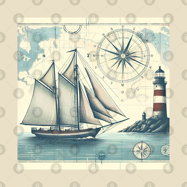 Vintage Nautical Sailboat Map by Blended Designs