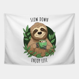 Enjoy Life, Cute Sloth With Coffee Tapestry